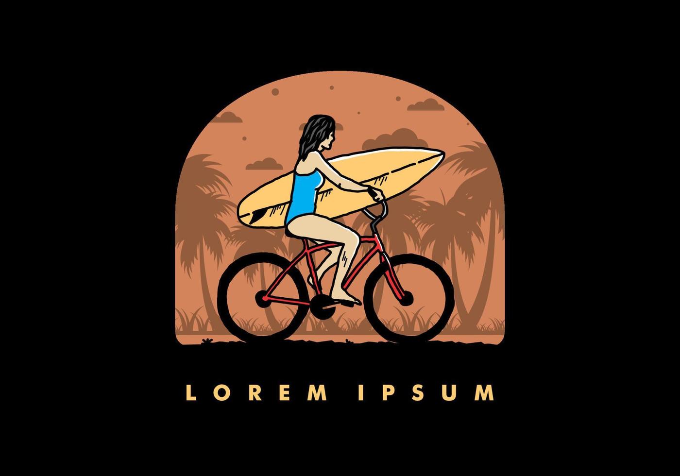 illustration of a woman going surfing on a bicycle vector