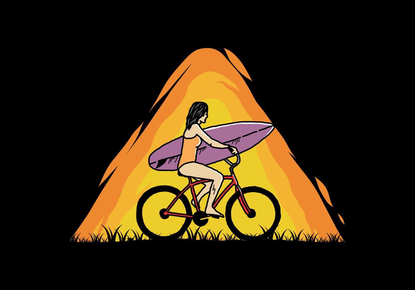 illustration of a woman going surfing on a bicycle vector