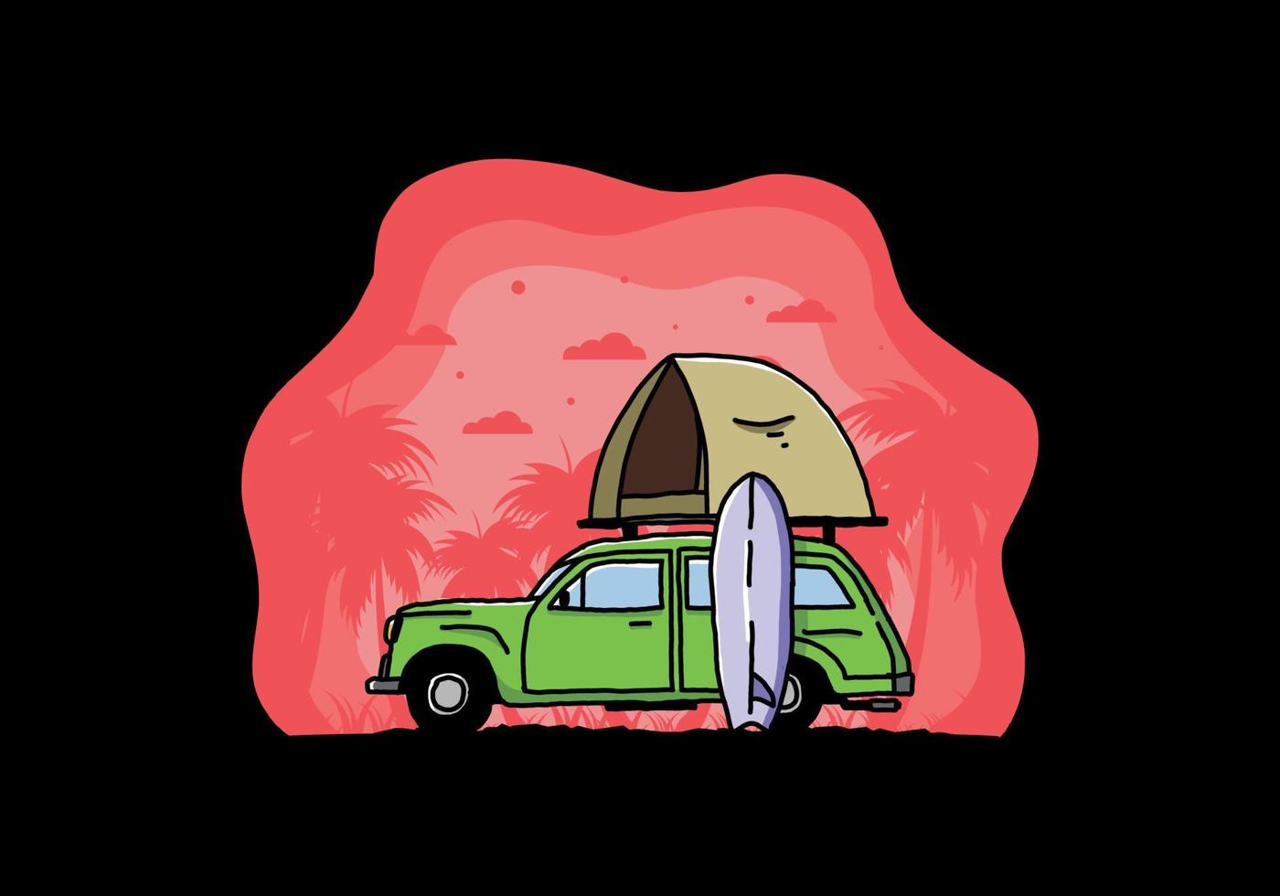 ilustración de un coche con una carpa en el techo y una tabla de surf al costado vector