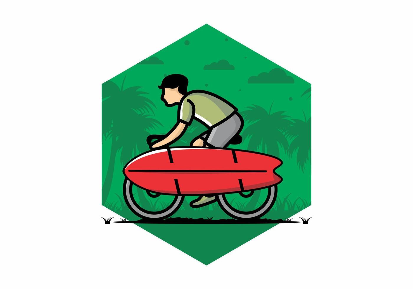 Ride a bike with a surf board illustration vector