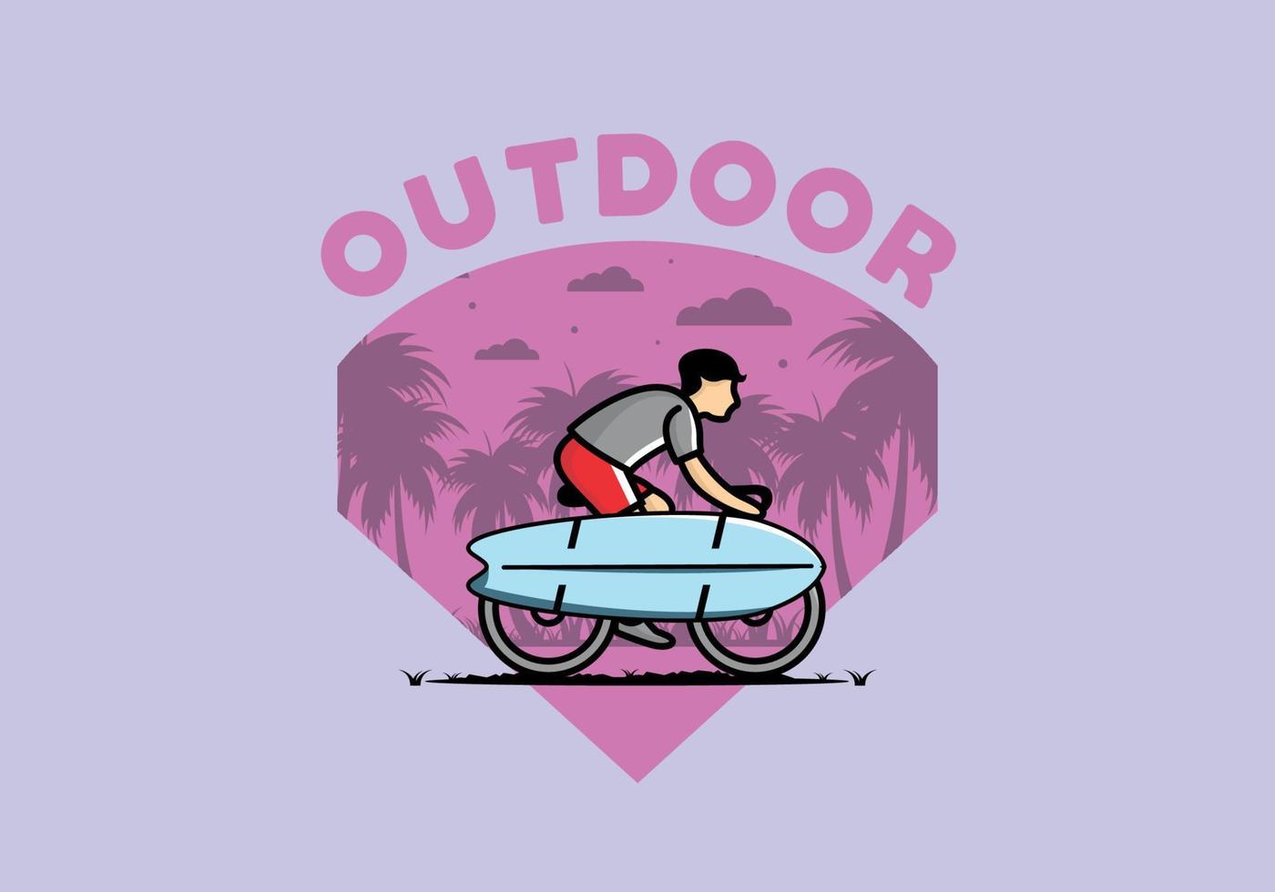 andar en bicicleta con una ilustración de tabla de surf vector