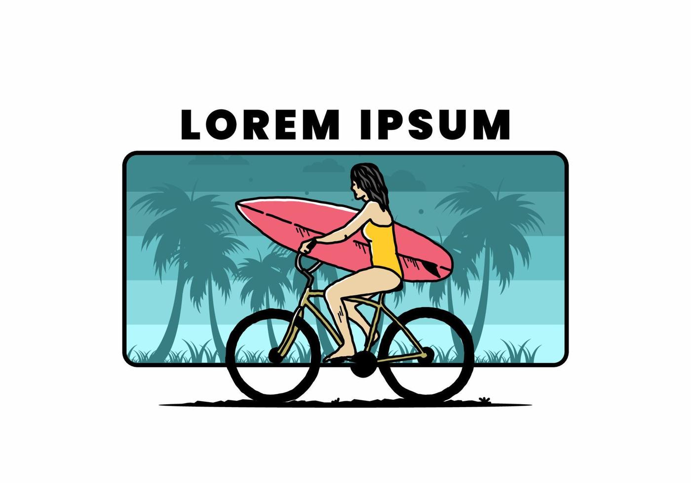illustration of a woman going surfing on a bicycle vector