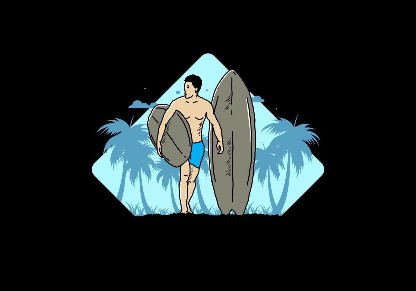 el hombre sin camisa que sostiene la ilustración de la tabla de surf vector