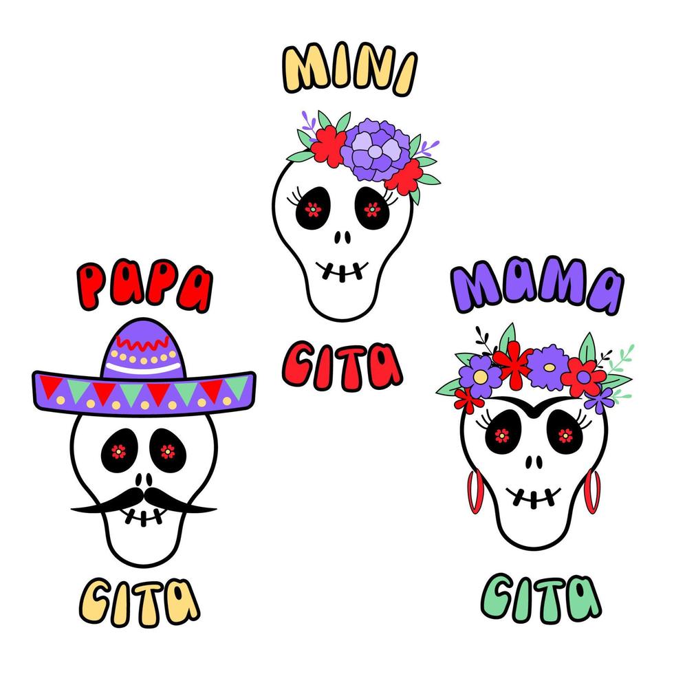 mama cita, papa cita, mini cita familia mexicana. cartel de vacaciones cinco de mayo, pancarta. ilustración vectorial vector