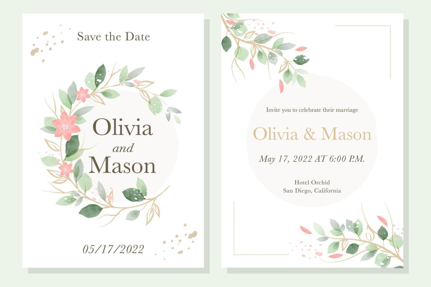 plantilla de tarjetas de invitación de boda con decoración floral acuarela. dibujar a mano marco floral y textura de acuarela verde. vector. vector