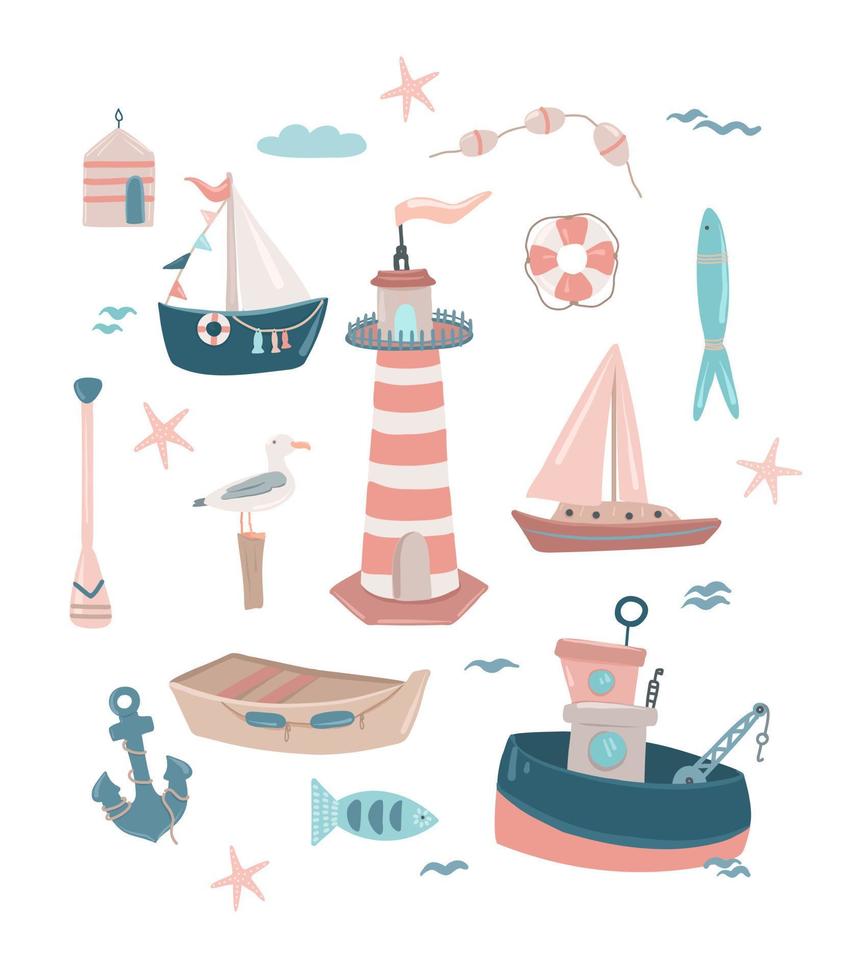 Sea set. Set of hand-drawn marine theme elements. Ships, boat, lighthouse, lifebuoy, seagull. vector