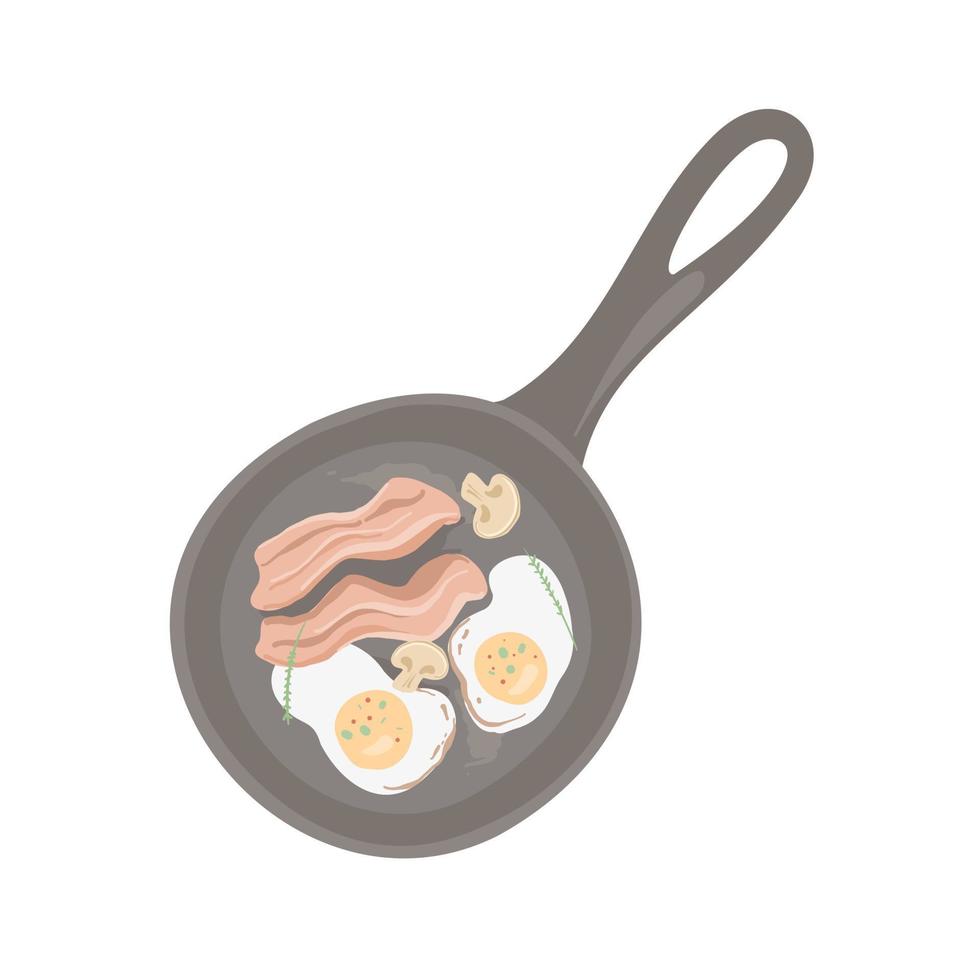 Frying pan with scrambled eggs with bacon and mushrooms. Vector illustration of utensils for a hike. Cast-iron pan.