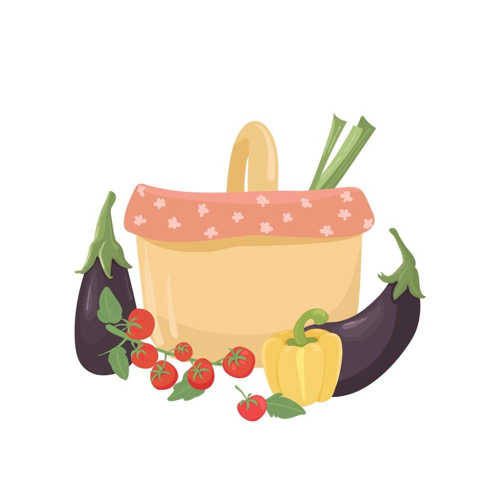 Picnic basket. Vegetables in a picnic basket, barbecue. Cooking on fire. vector