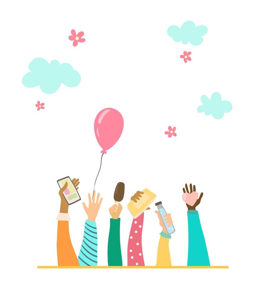 Hands up. Hands of people of different nationalities. Peace, friendship. vector