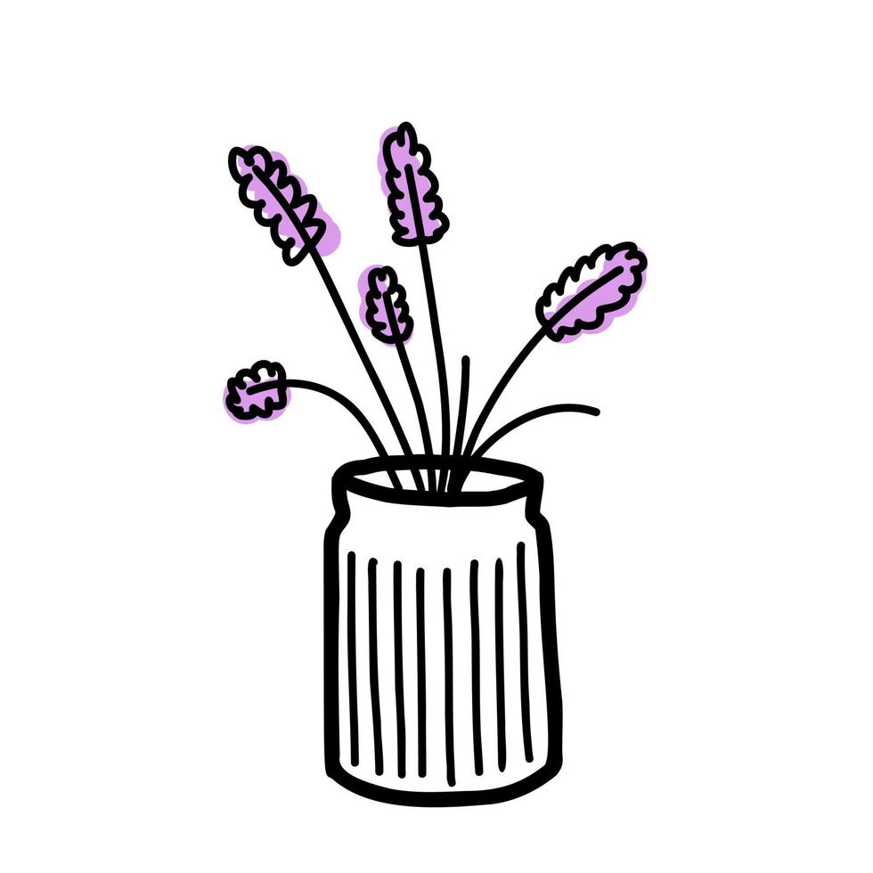 Vase with lavender in doodle style. Drawn still life. vector