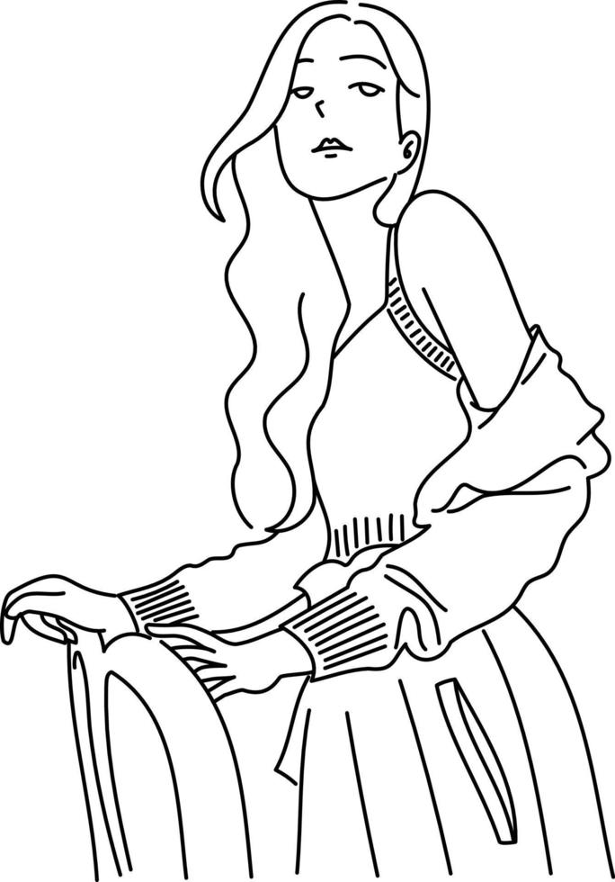 Woman model fashion posture line art, hand drawn style vector design illustrations.