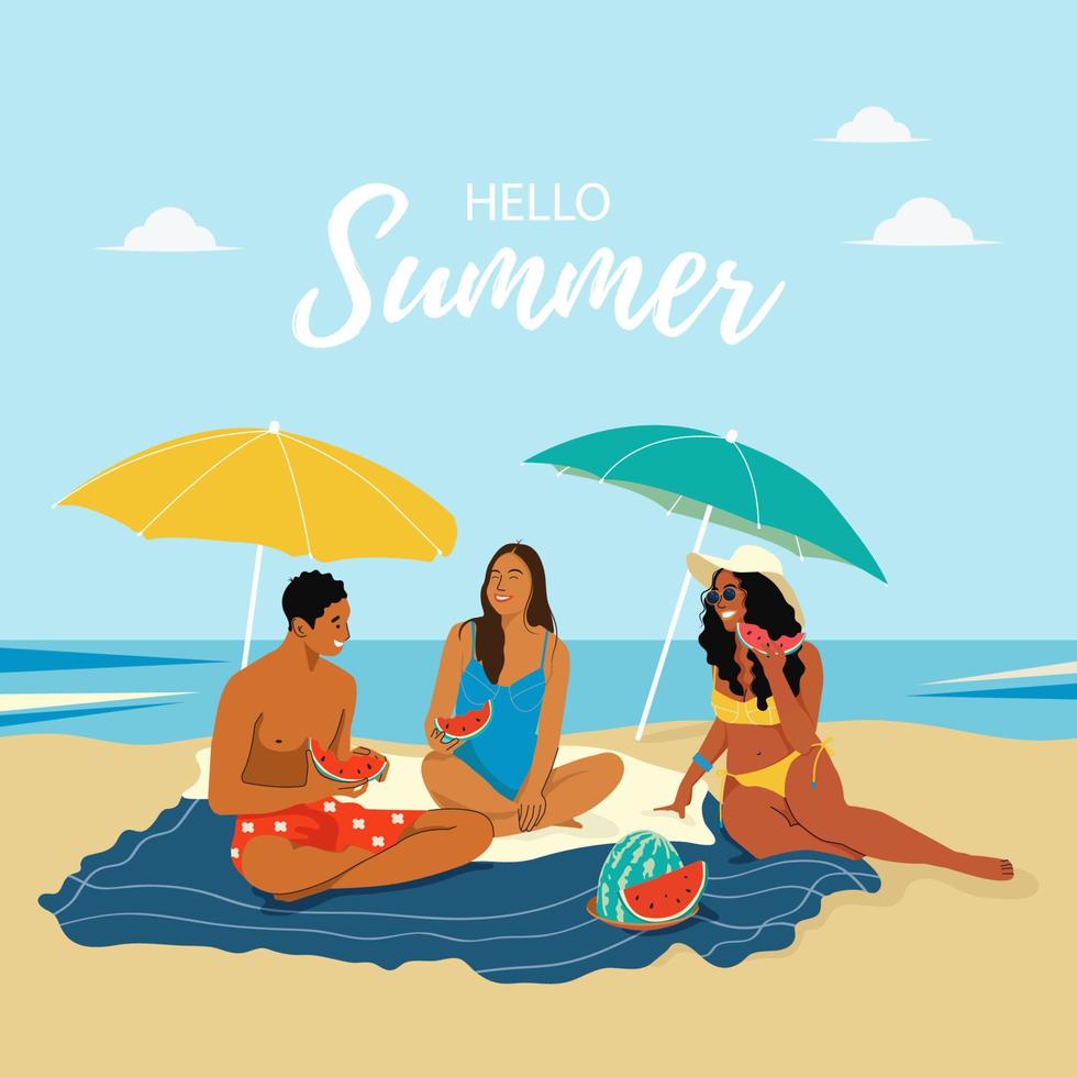 Group of friends at Sea. Picnic on the Beach. Young People in bathing suits. People relax on the Beach, chat and eat Watermelon. Summer flat vector illustration.