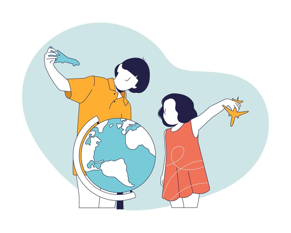 los niños juegan aviones al lado del globo. concepto de ilustración vectorial del día mundial de la paz. mostrando a los niños y al globo terráqueo como símbolo de paz, adecuado para la página de inicio, ui, web, tarjeta de introducción de la aplicación, editorial. vector