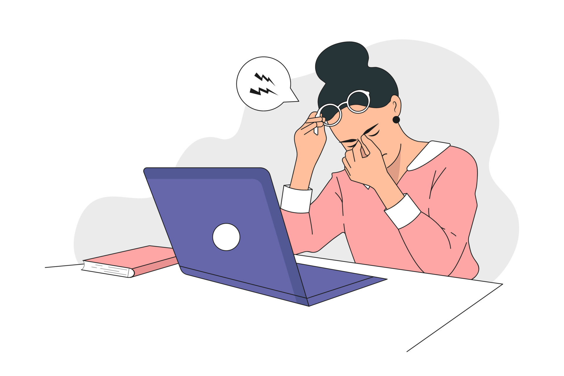 Young girl is working on a Laptop. Tired character. Concept of Eye