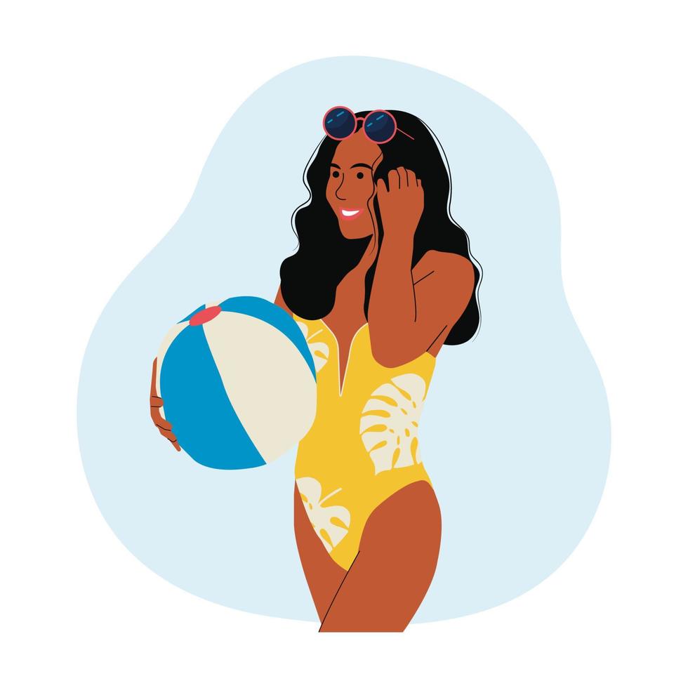 chica en traje de baño. la niña sostiene una pelota inflable en la mano. ilustración de vector de verano en estilo plano.
