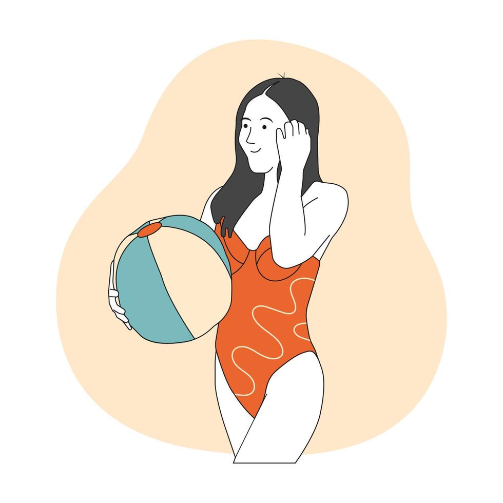 chica en traje de baño con una pelota inflable. vacaciones de verano, estilo retro. dibujado a mano en estilo de línea fina, ilustración vectorial. vector