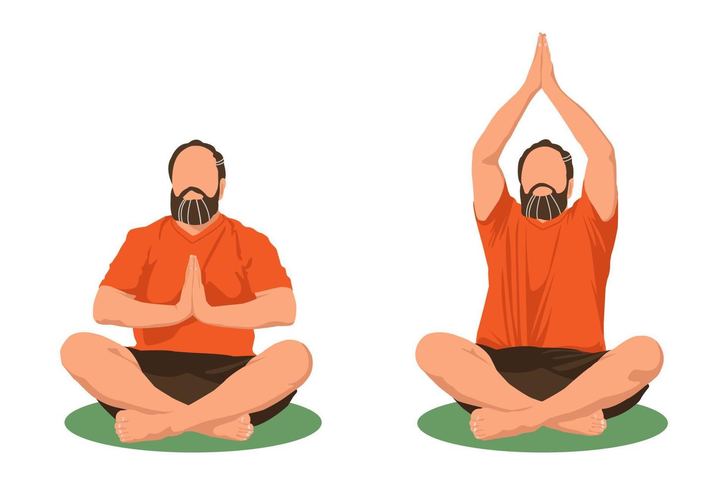 Bearded Man sitting in Lotus position. Set of 2 Yoga exercises. Isolated character doing Yoga exercises for Mental and physical health. Concept of Yoga, meditation and relax. Faceless style, vector. vector