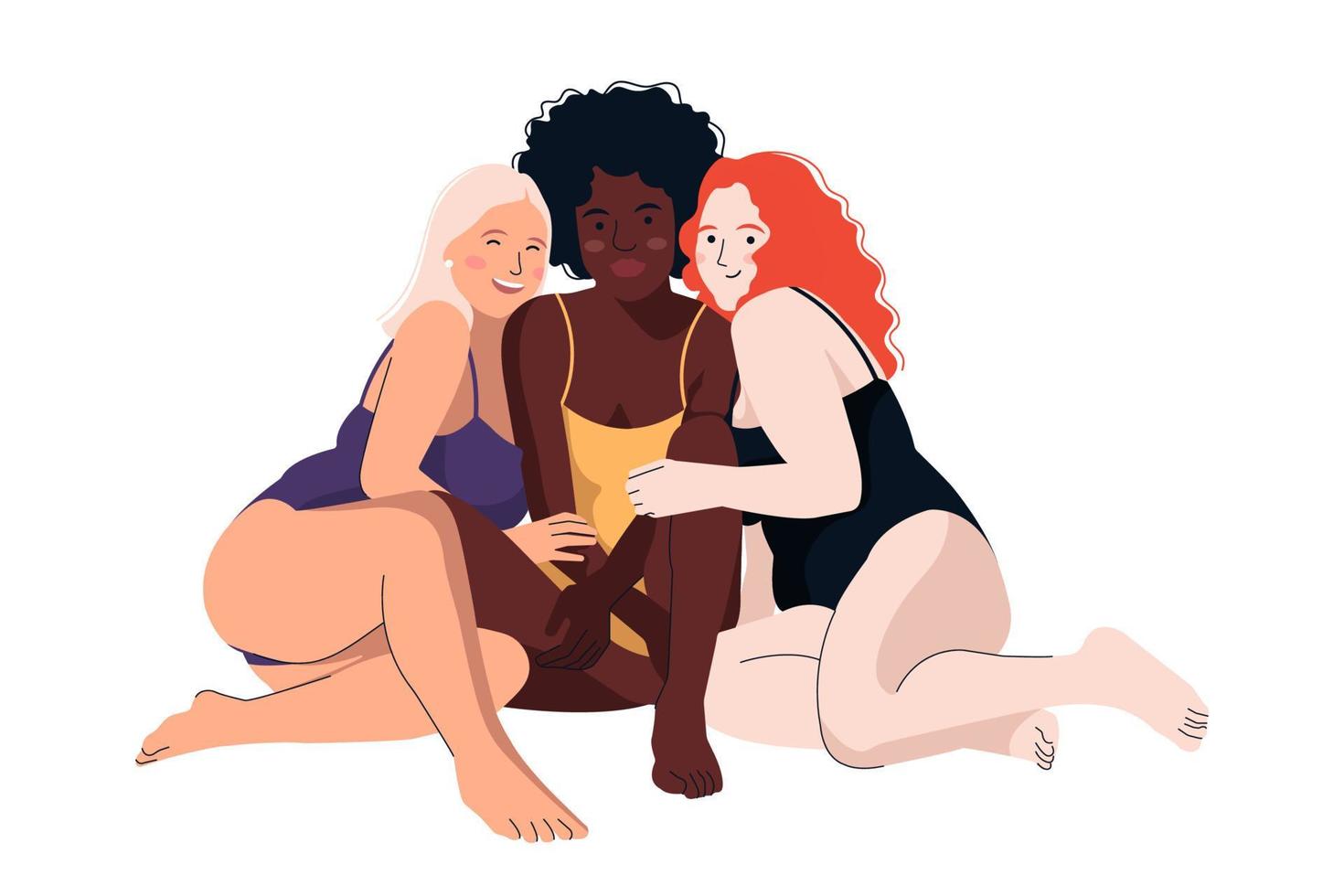 grupo de mujeres multiculturales jóvenes felices en trajes de baño. movimiento corporal positivo y diversidad de belleza. ama tu cuerpo o el concepto positivo del cuerpo. ilustración vectorial plana. vector