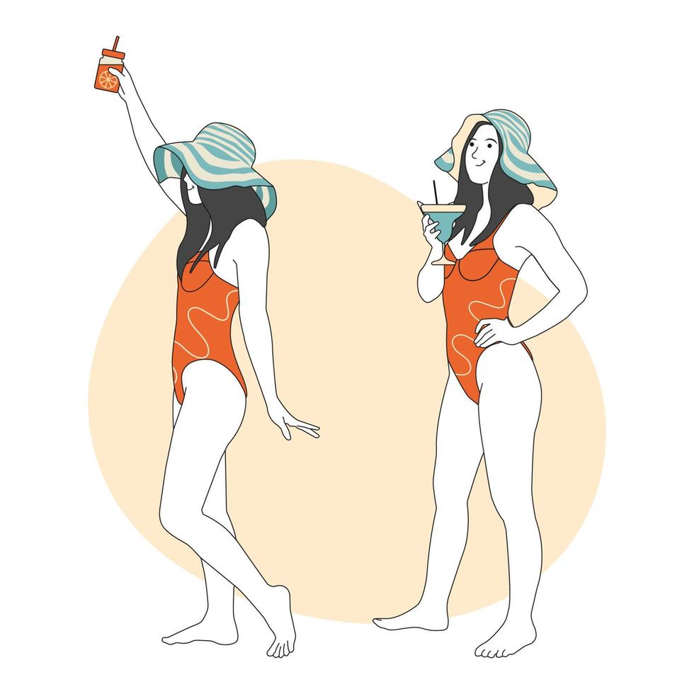 chica con diferentes cócteles de frutas en sus manos. chica en traje de baño posando en la playa. fiesta de verano en la playa. vacaciones de verano, estilo retro. dibujado a mano en estilo de línea fina, ilustración vectorial. vector