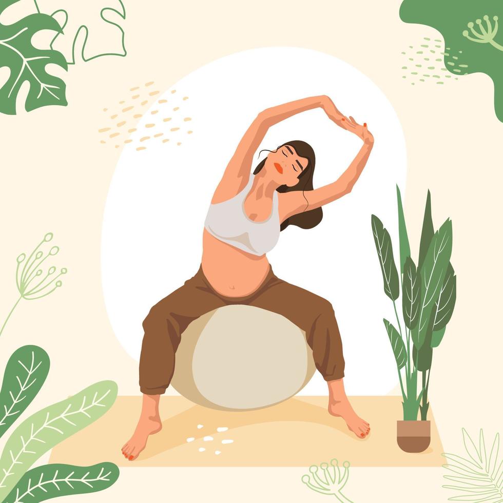 Pregnant woman in a sports suit on a fitness Ball. Fit Ball exercises. Working out and fitness, healthy Pregnancy concept. Flat vector illustration.