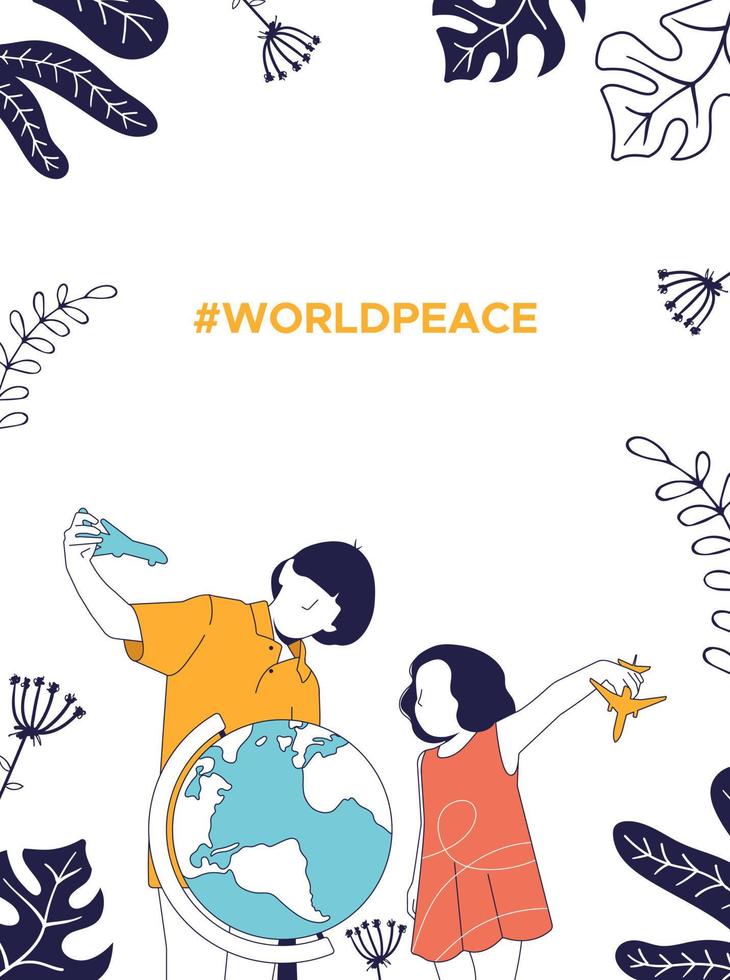 World Peace Poster. Sep 21, international Peace day. Children play airplanes next to the Globe. Flat vector graphics on a white background with plants.