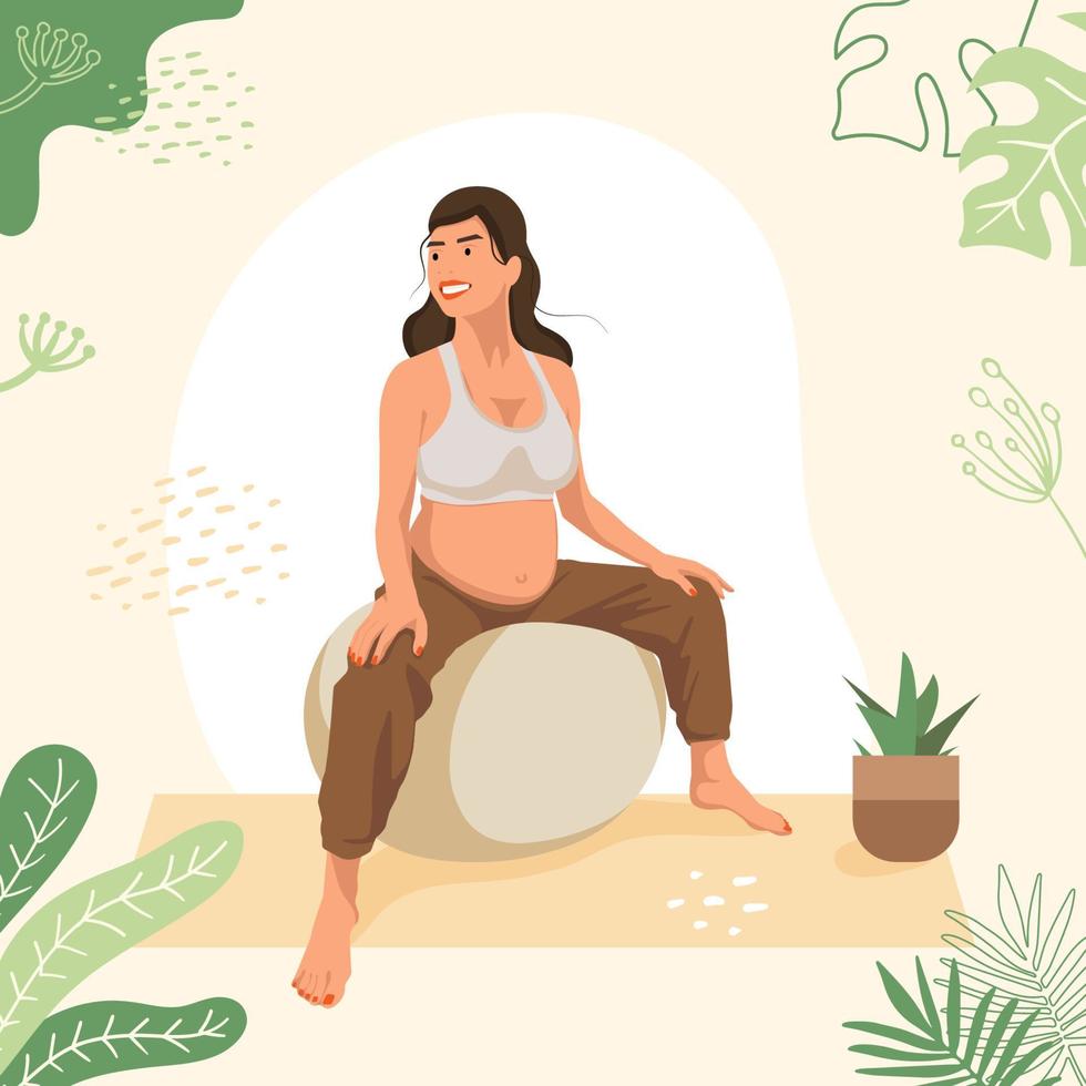 Young Pregnant Woman doing Yoga exercises on a Fit Ball. Stability Ball exercises. Healthy Pregnancy and sports. Flat vector illustration.