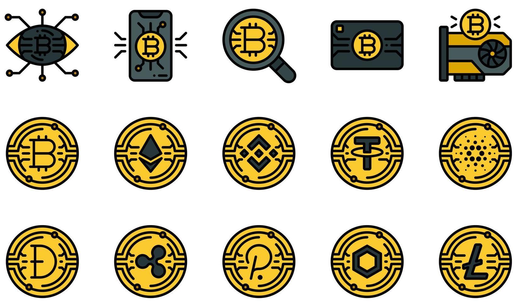 Set of Vector Icons Related to Cryptocurrency. Contains such Icons as Smartphone, Search, Credit Card, Graphic Card, Bitcoin, Ethereum and more.