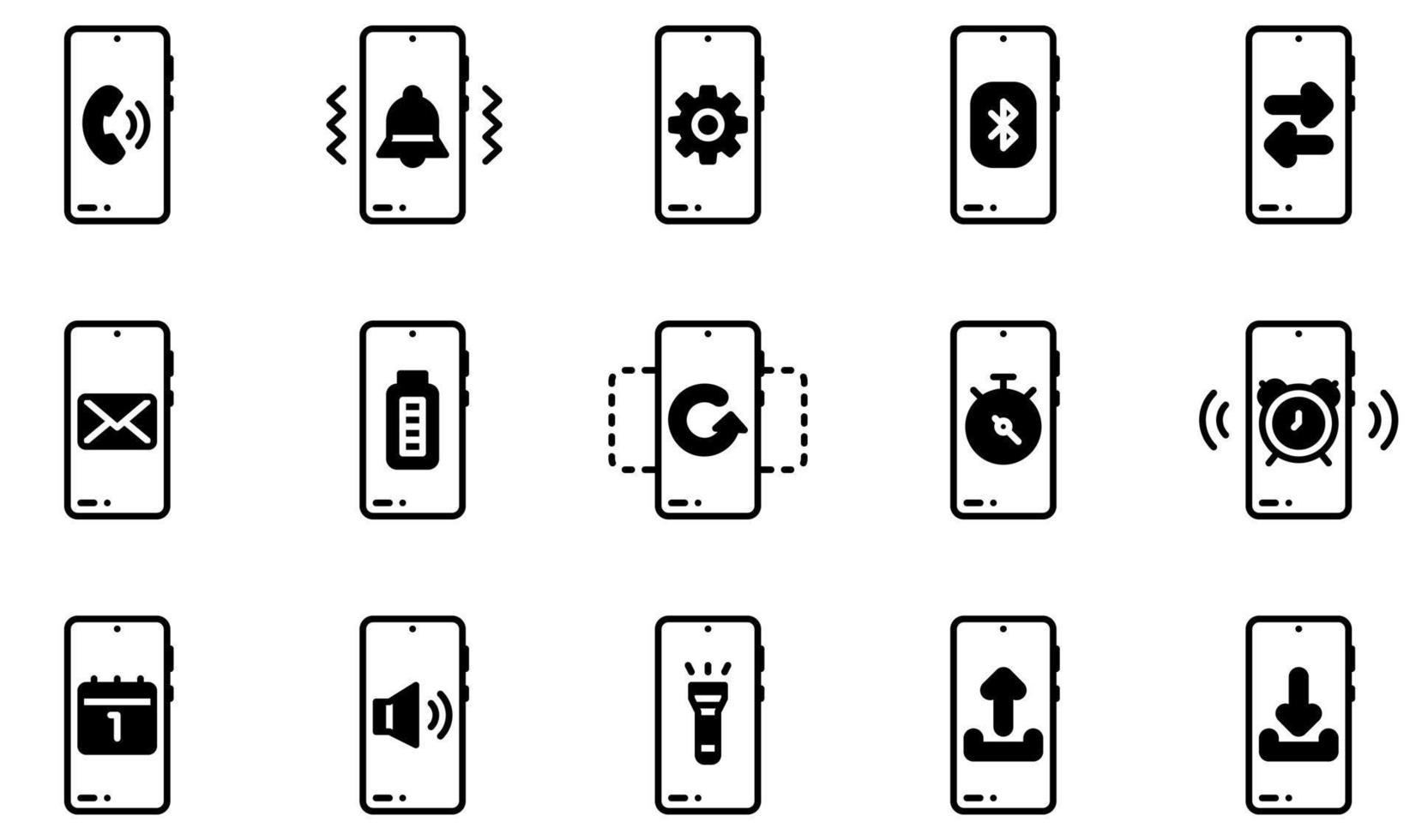 Set of Vector Icons Related to Mobile Functions. Contains such Icons as Alarm Clock, Barcode, Bluetooth, Calendar, Charging, Email and more.