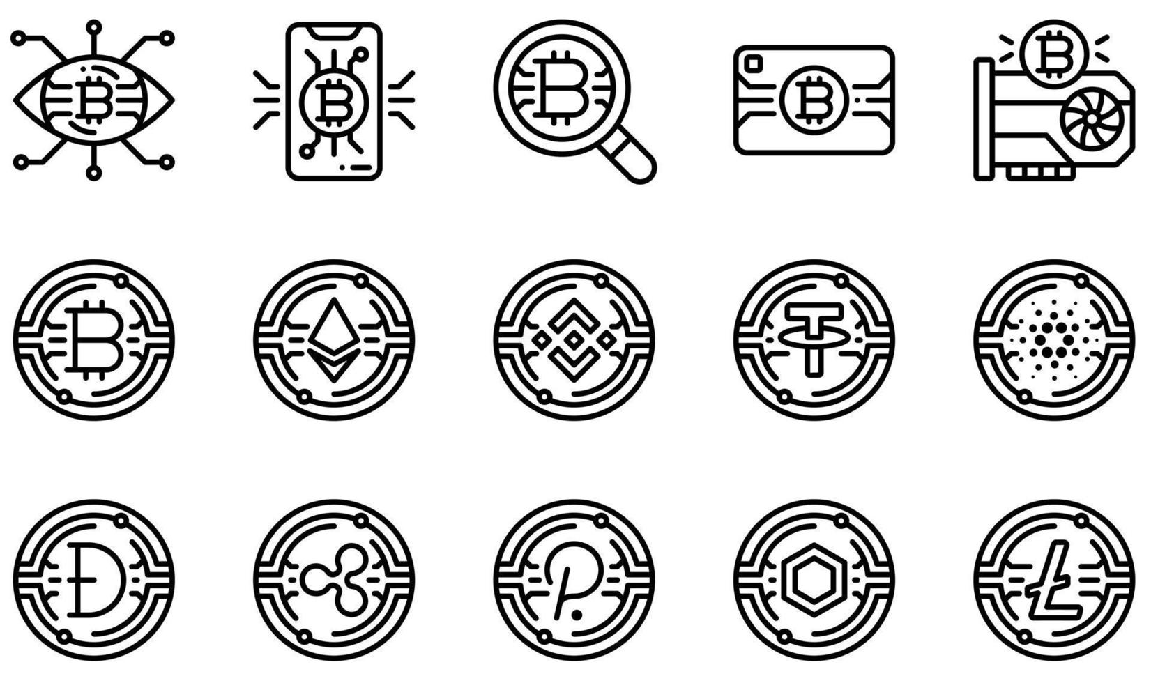 Set of Vector Icons Related to Cryptocurrency. Contains such Icons as Smartphone, Search, Credit Card, Graphic Card, Bitcoin, Ethereum and more.