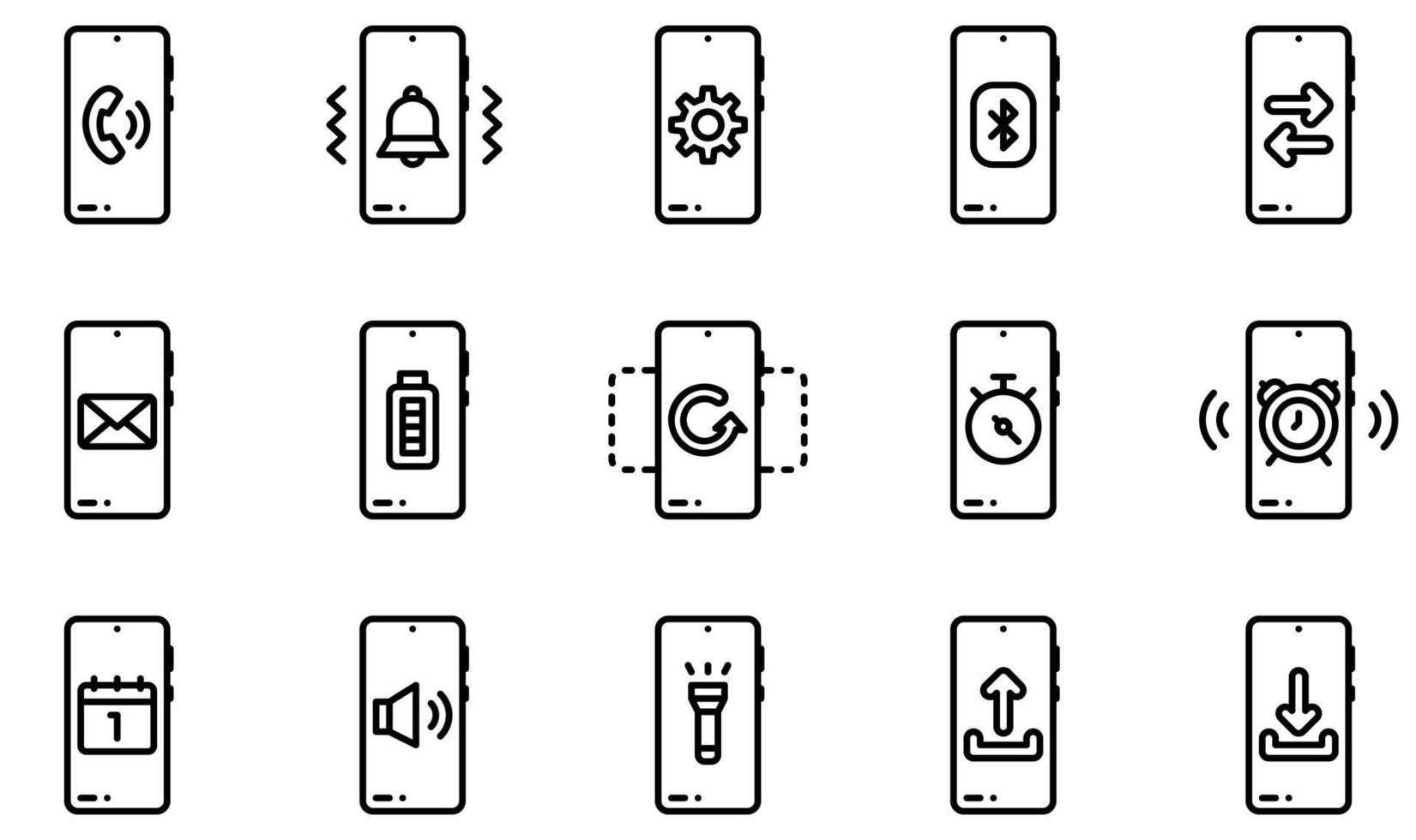 conjunto de iconos vectoriales relacionados con funciones móviles. contiene íconos como despertador, código de barras, bluetooth, calendario, carga, correo electrónico y más. vector