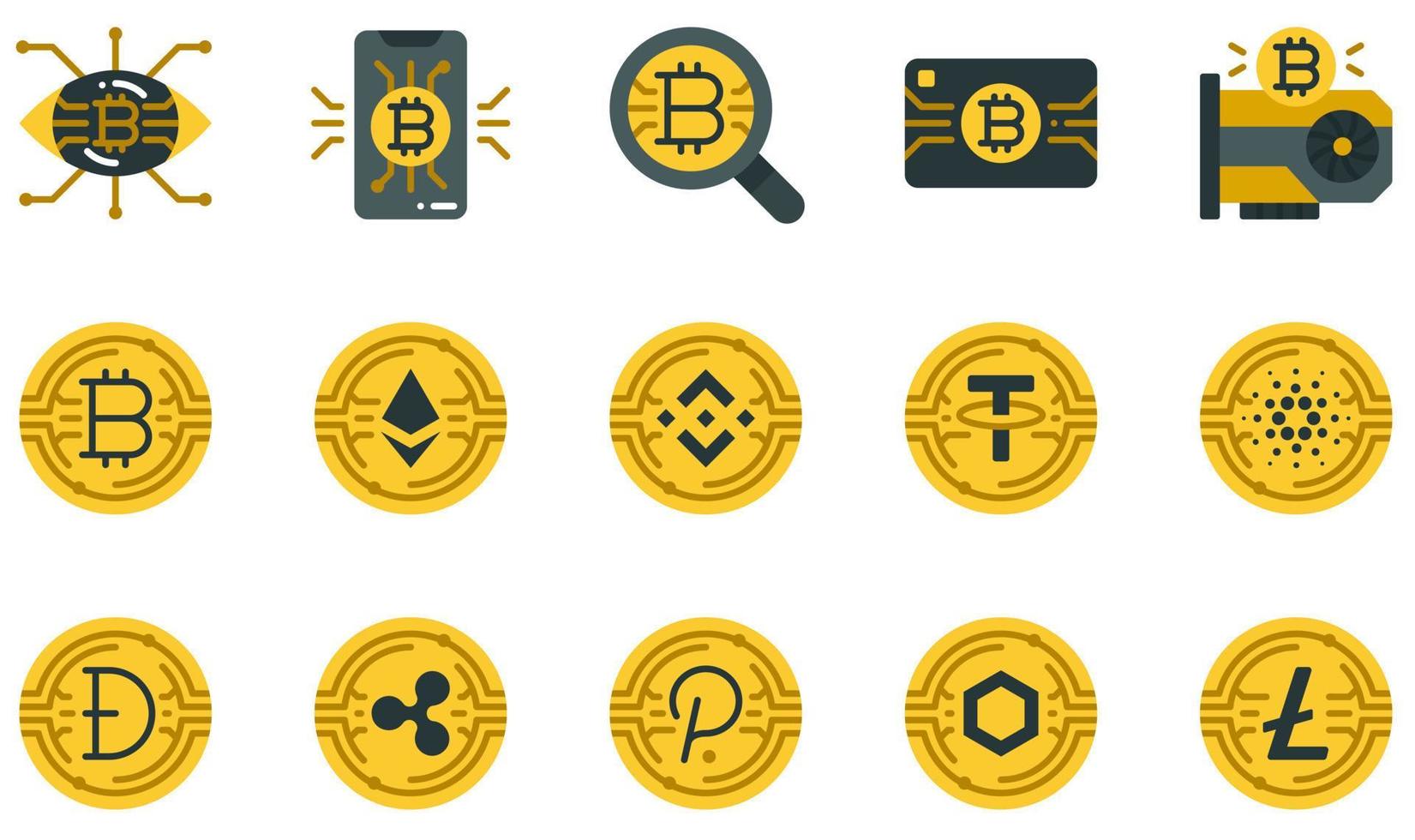 Set of Vector Icons Related to Cryptocurrency. Contains such Icons as Smartphone, Search, Credit Card, Graphic Card, Bitcoin, Ethereum and more.