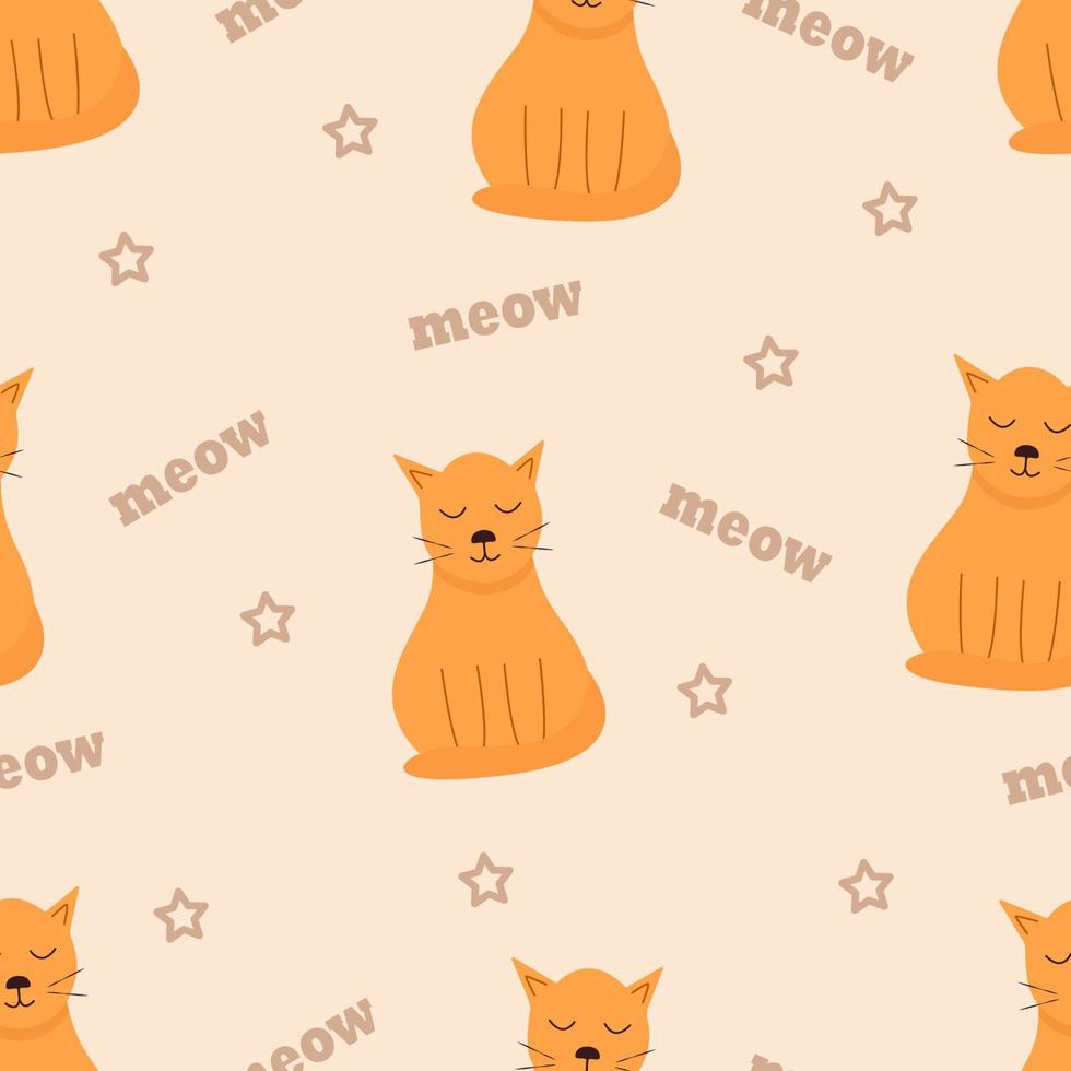 Seamless pattern with a red cat. Bright cartoon vector illustration of a fat cat sitting, dreaming, text meow. Background wallpaper