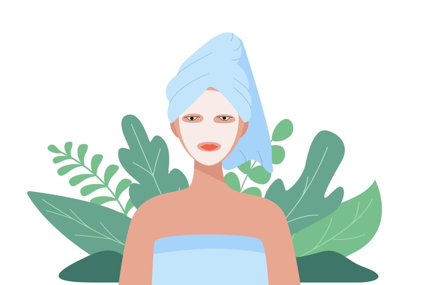 Woman with a towel on her head and cosmetic mask on her face. Vector illustration of the concept of beauty, hygiene. Natural background.