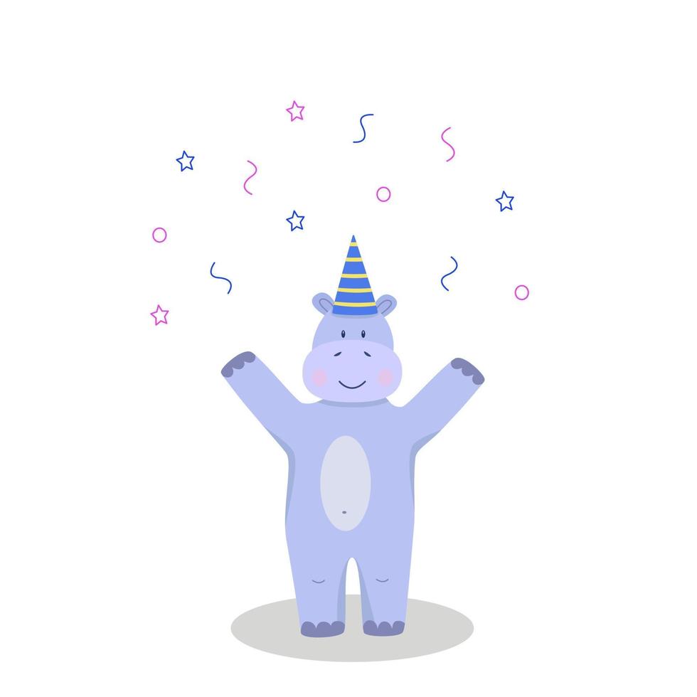 Cute cartoon hippo character in a festive hat and confetti. Vector illustration isolated on white. Concept birthday party, a holiday for children