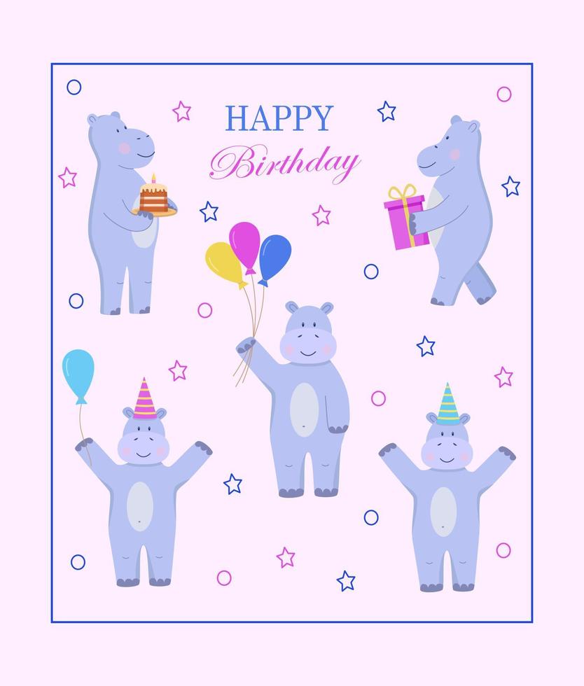 A set of cute cartoon hippos in a festive hat with a cake, balloons and a gift with confetti. Vector illustration Greeting Card. Concept birthday party, a holiday for children