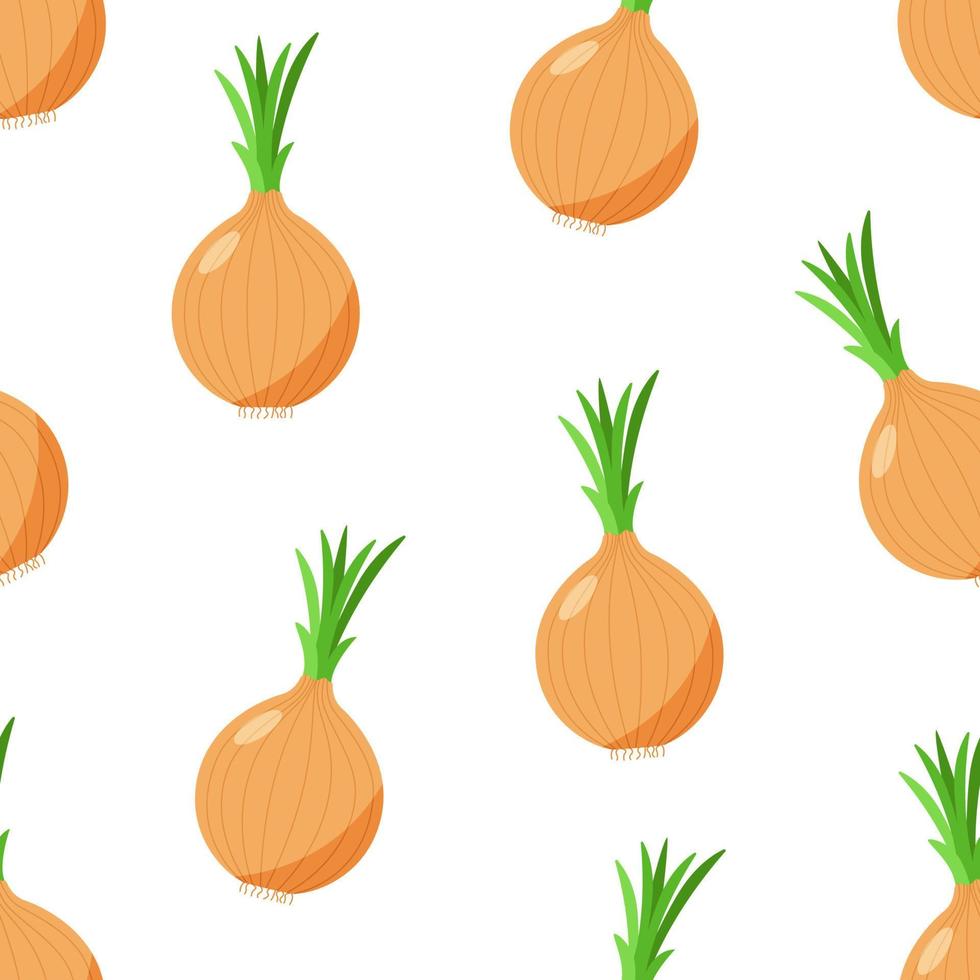 Seamless pattern Vector illustration of an onion with green onion feathers. Vegetable icon for the store, salad