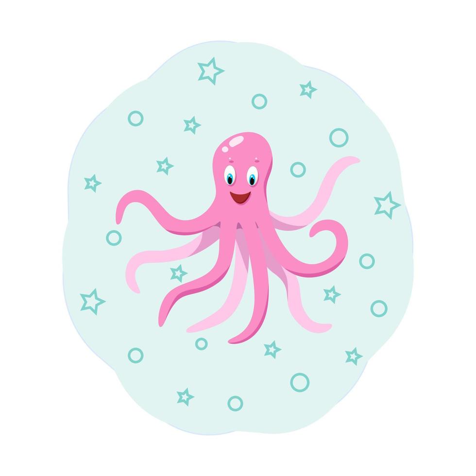 Cartoon funny octopus with bubbles and stars, vector illustration of a sea animal in a children concept