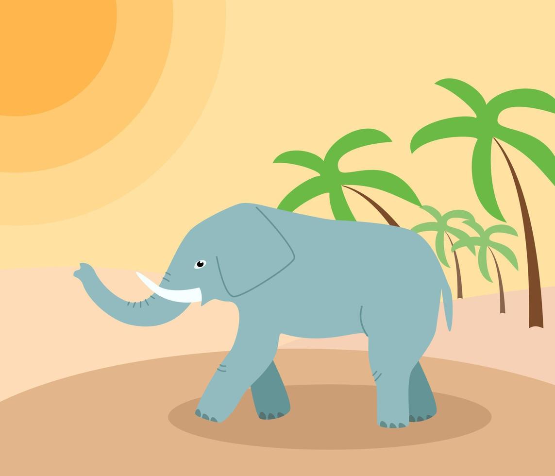 African elephant walks through the desert, a landscape of sultry day in the desert sand and palm trees. Vector illustration in a flat style