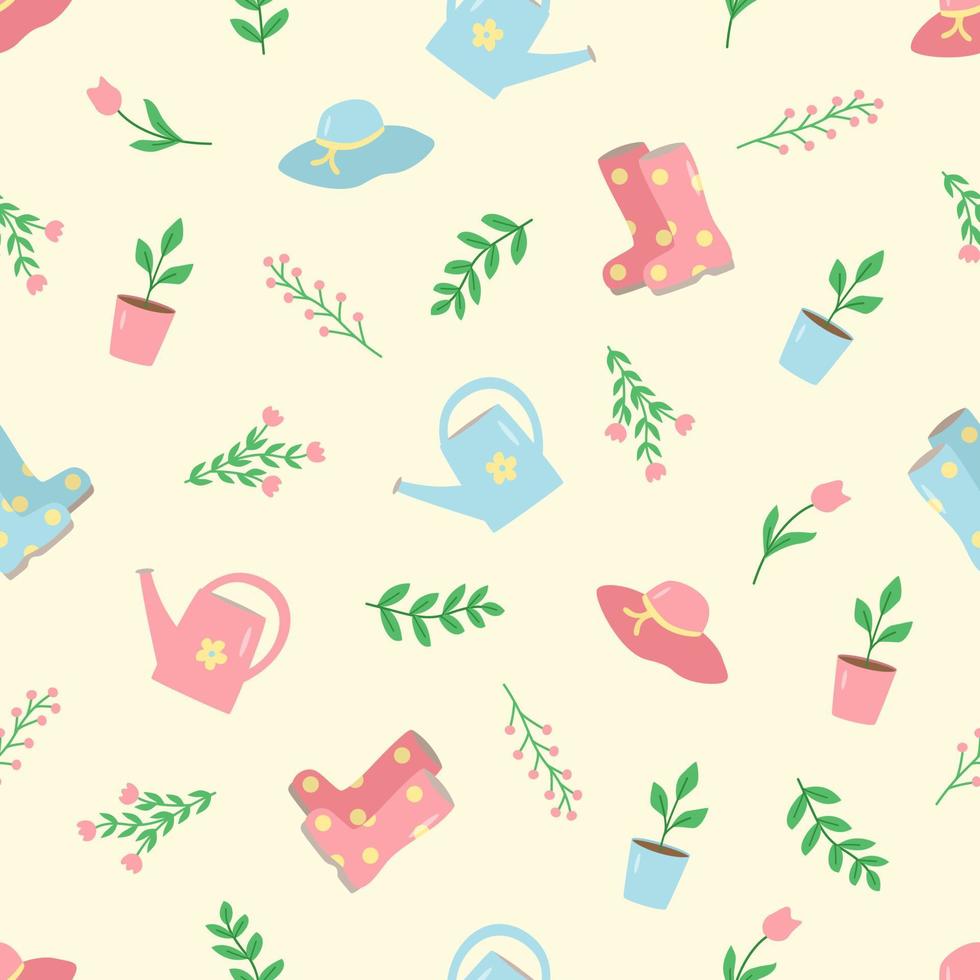 Seamless pattern concept of relaxing in the garden, summer hat rubber boots, seedlings, flowers and butterflies vector doodle illustrations.