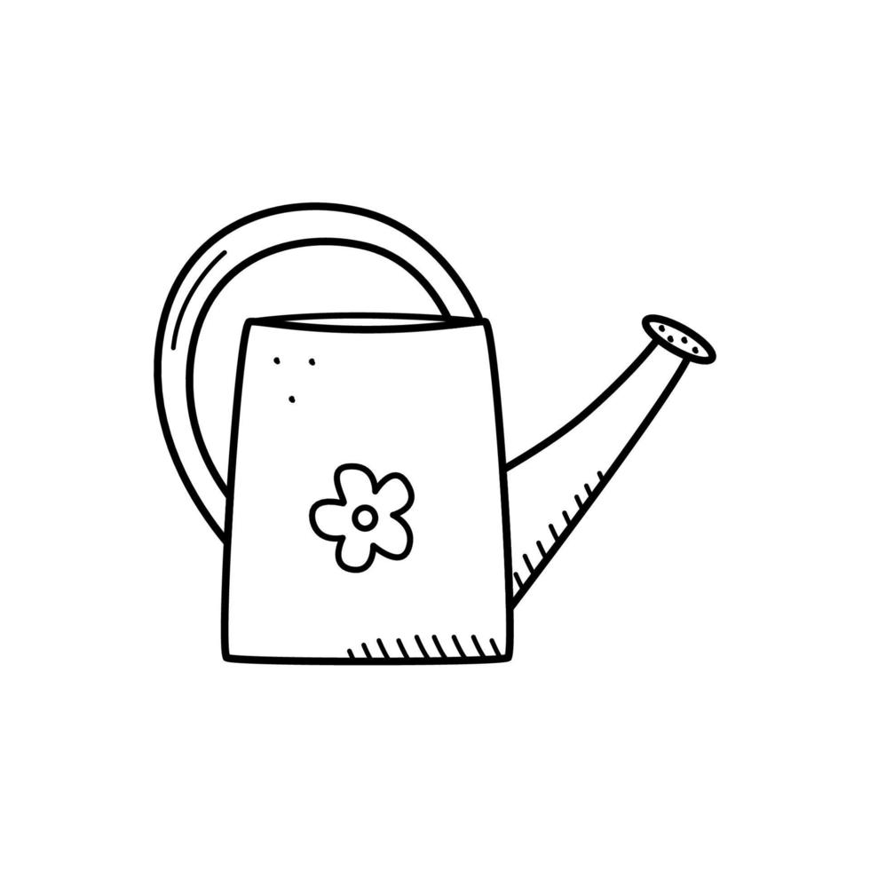 Garden watering can doodle cartoon style. Vector illustration of equipment for watering plants.