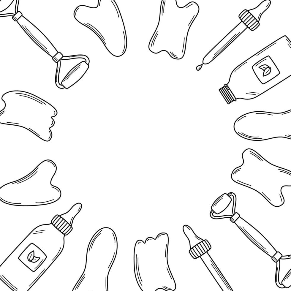 A set of trendy gua sha scrapers made of natural stone and cosmetic oil, roller massager for facial care. Vector illustration skin care concept