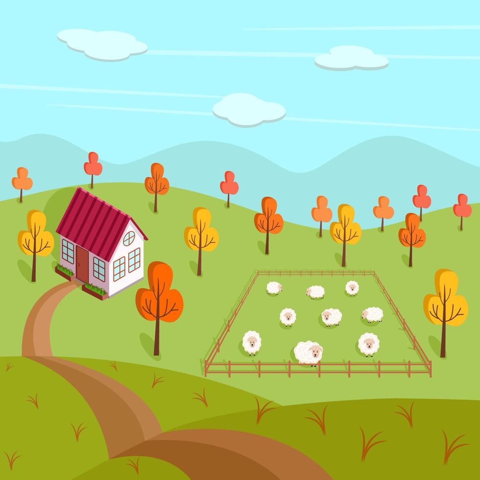 Autumn landscape of a farm, a house and a pasture with sheep. Vector illustration of a village