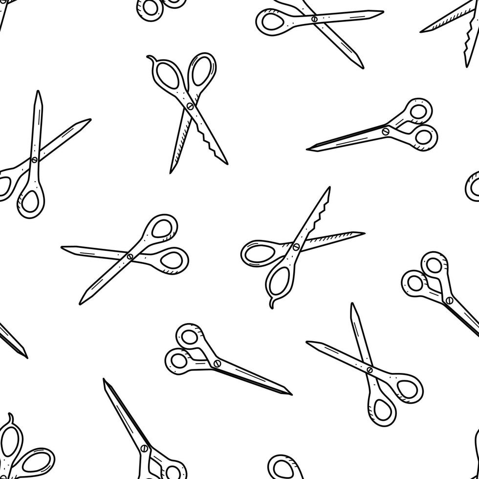 Seamless pattern hairdressing or household scissors, vector illustration of opened scissors, doodle style, icon isolated on white