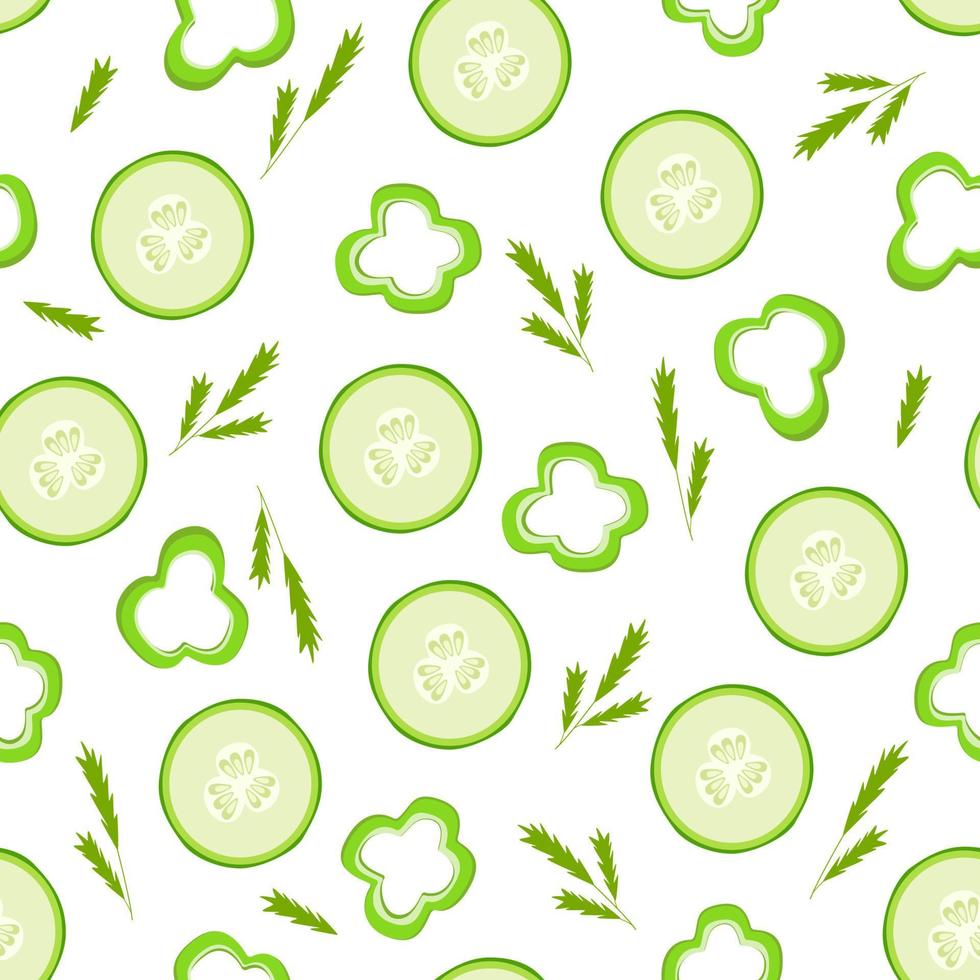 Seamless pattern of fresh slices of green cucumber and pepper slices, vector illustration of the concept of a healthy salad vitamins