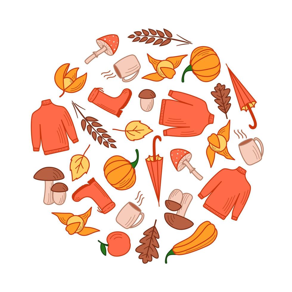 Autumn set of elements, fall vector objects, doodle style
