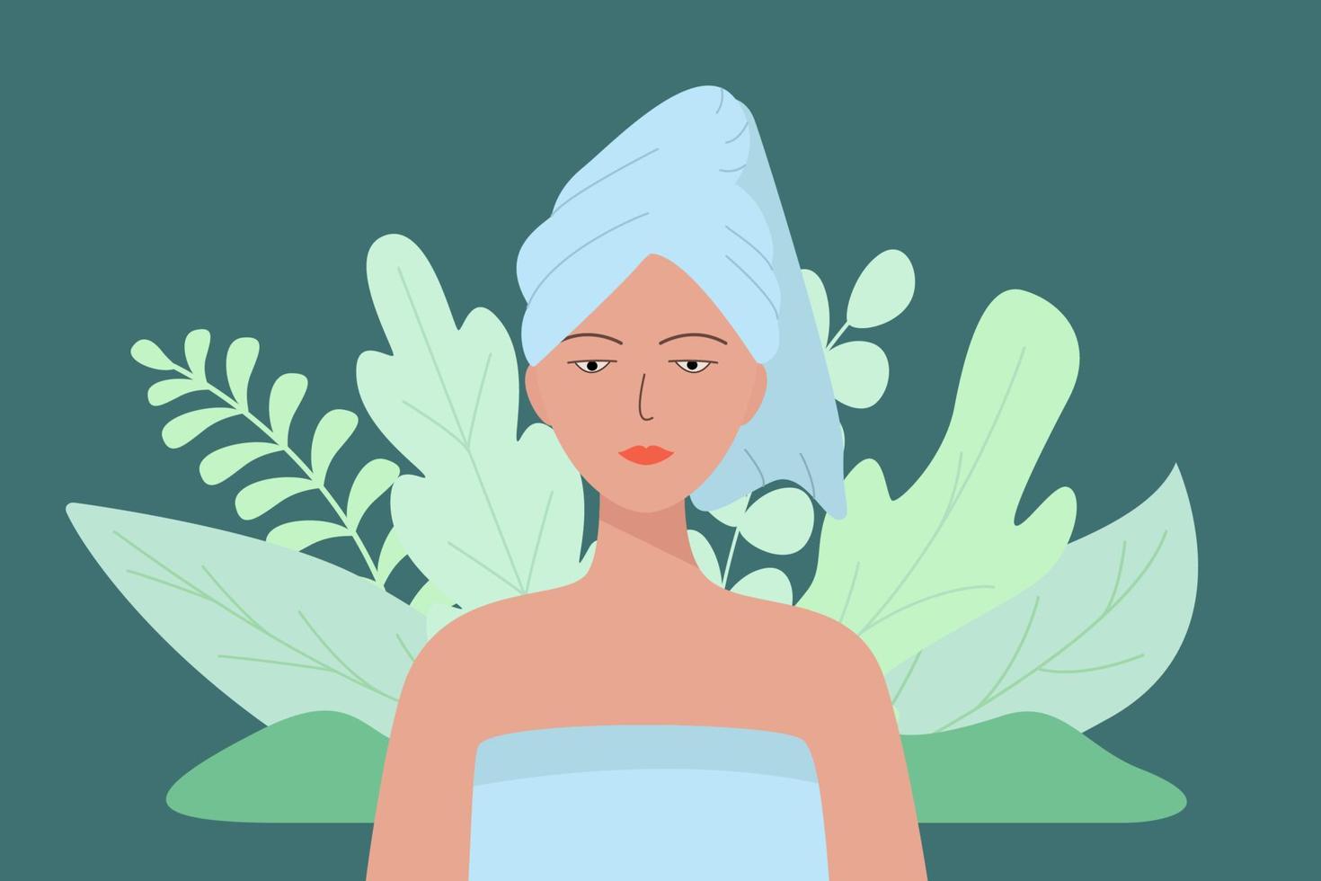 una mujer hermosa joven con una toalla en la cabeza. ilustración vectorial del concepto de belleza, fondo natural de higiene. vector