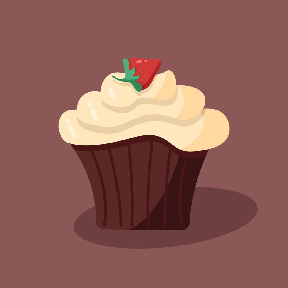 Vector illustration of a sweet dessert cupcake with cream and strawberries