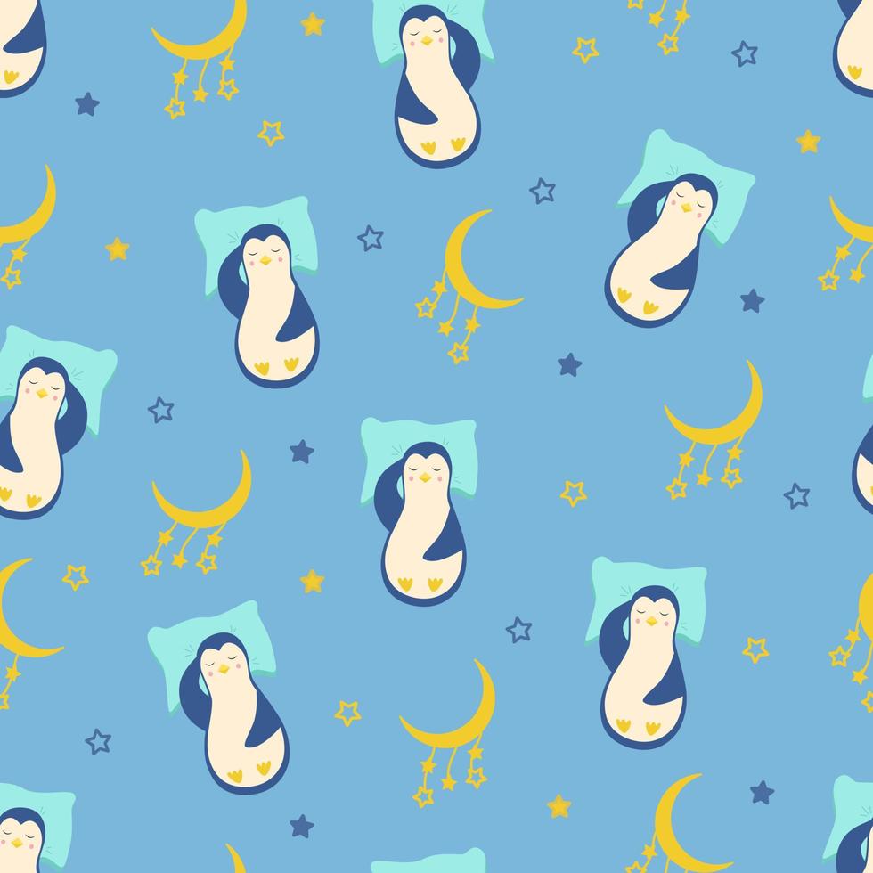 Seamless pattern cartoon penguin sleeps on a pillow moon and stars. Funny cute sleeping penguin character for kids concept. Vector illustration