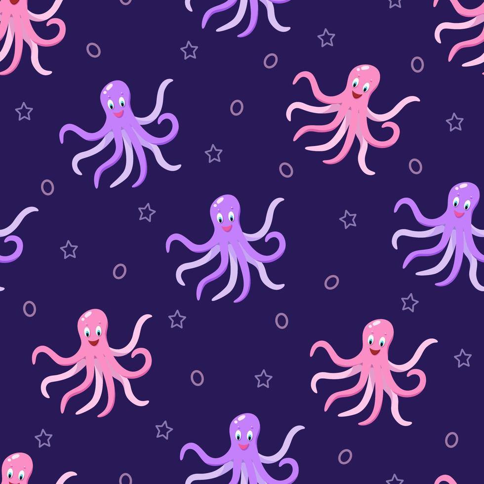 Seamless pattern Cartoon funny octopus with bubbles and stars, vector illustration of a sea animal in a children concept