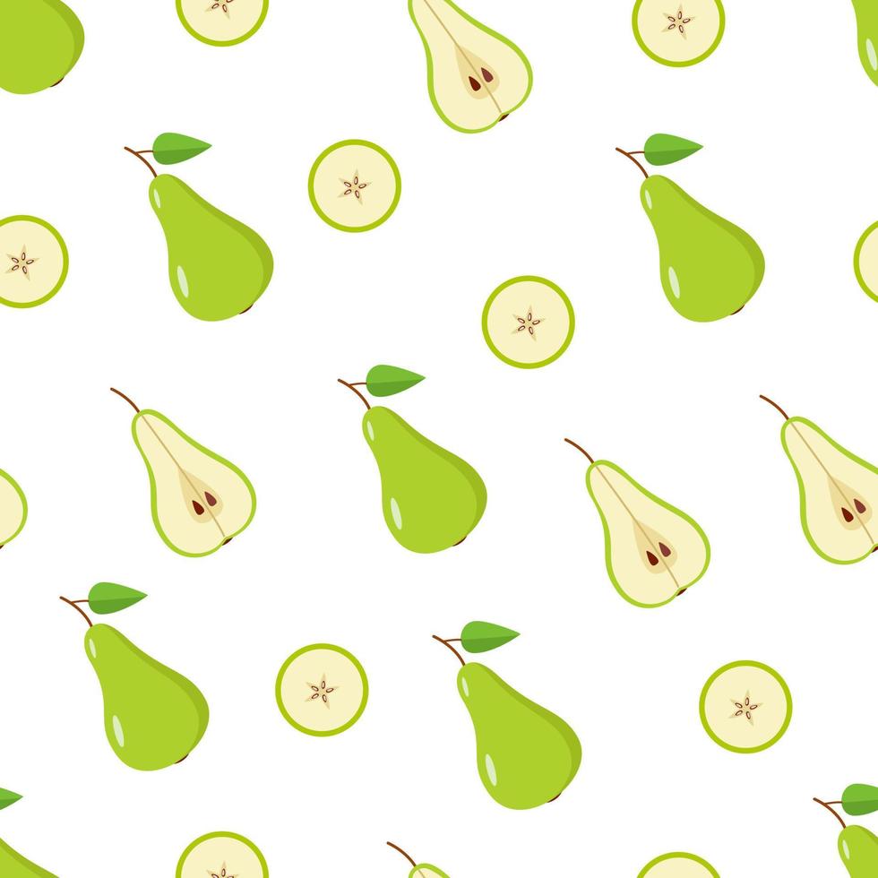 la pera verde de patrones sin fisuras es entera, media y una rodaja de pera sobre un fondo blanco. ilustración vectorial de peras de frutas jugosas maduras vector